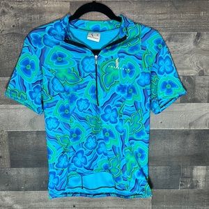 Colorful Blue and Green She Beast Zip Neck Short Sleeve Top